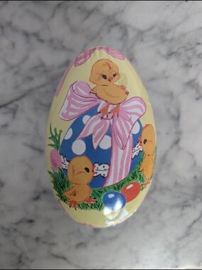 Vintage-Style Tin Easter Egg Candy Container | Large Metal Litho Chick & Bow